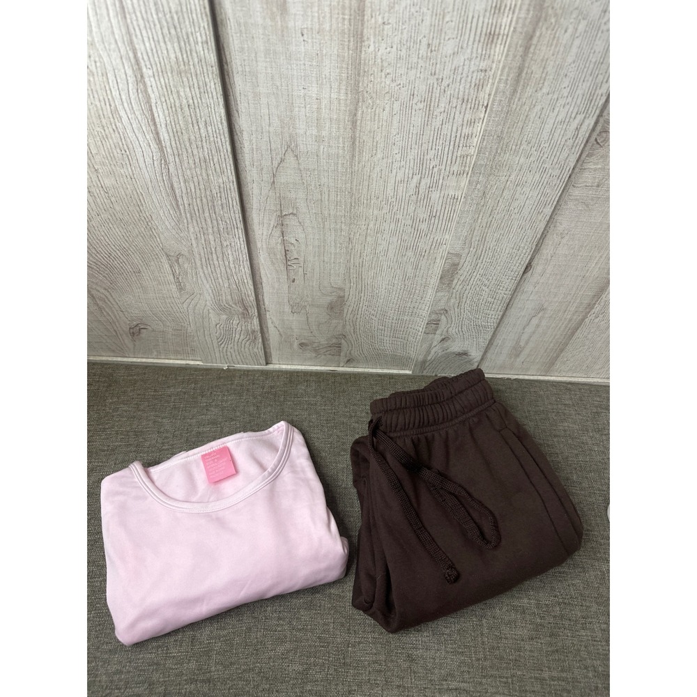 Womens Bundle Lounge Set Pink Long Sleeve Top Brown Fleece Jogger Pants Small